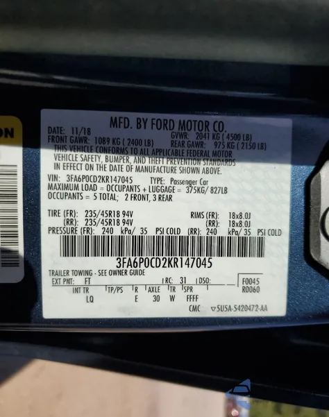 2019 Ford Fusion Sel z USA, uszkodzony, nr VIN 3FA6P0CD2KR147045